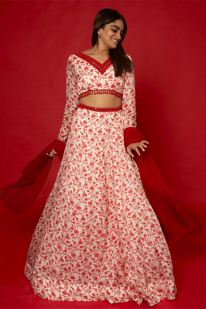 White & Red Floral Lehenga