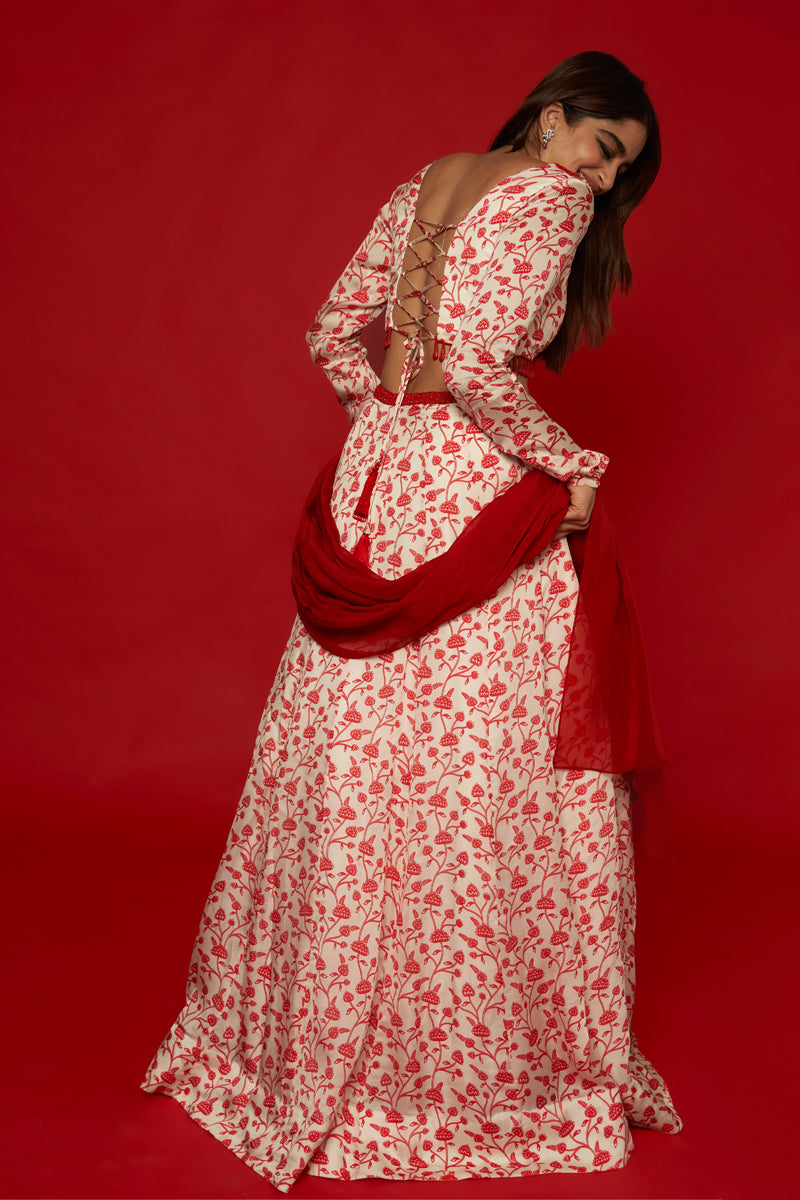 White & Red Floral Lehenga