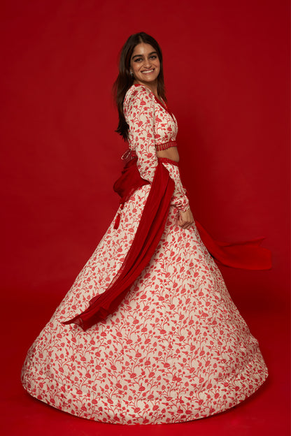 White & Red Floral Lehenga