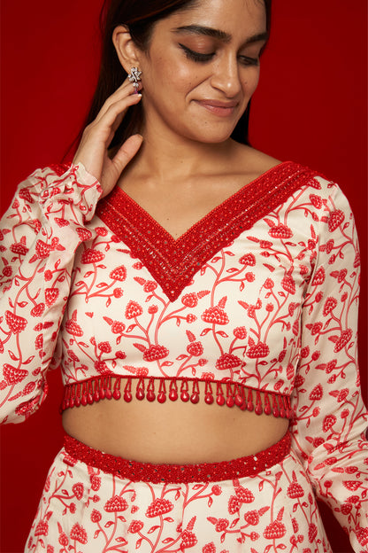 White & Red Floral Lehenga