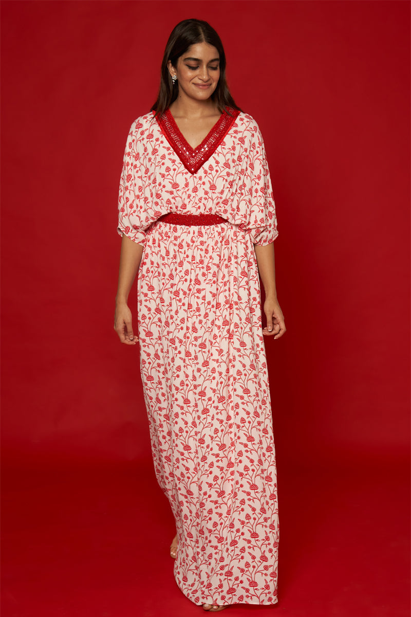 White & Red Floral Kaftan