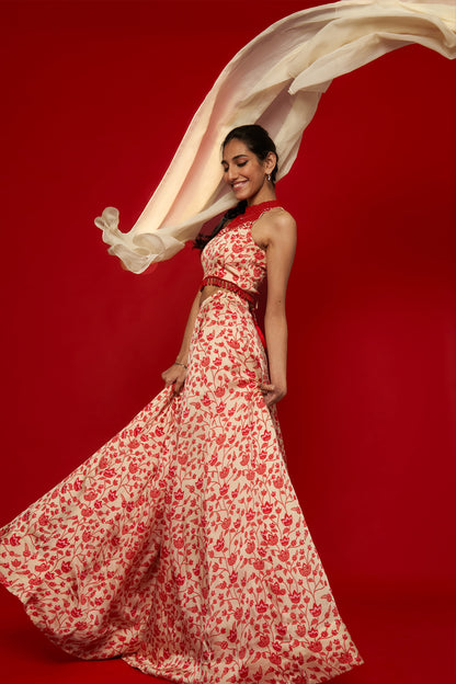 Cream & Red Floral Lehenga