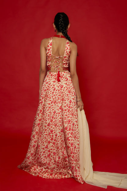 Cream & Red Floral Lehenga