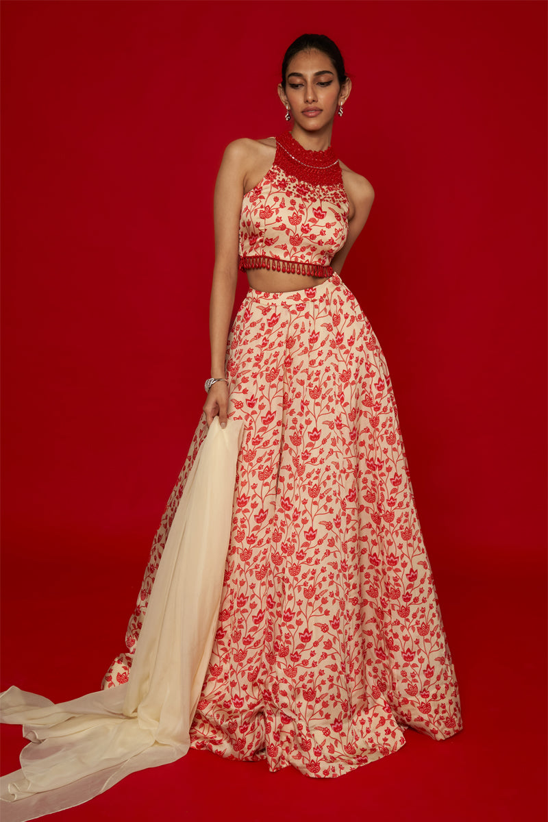 Cream & Red Floral Lehenga