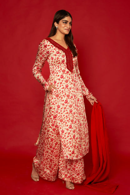 Cream & Red Kurta Set