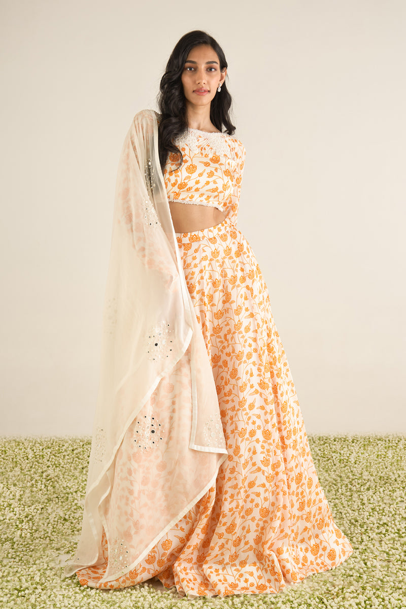 White & Orange Floral Lehenga