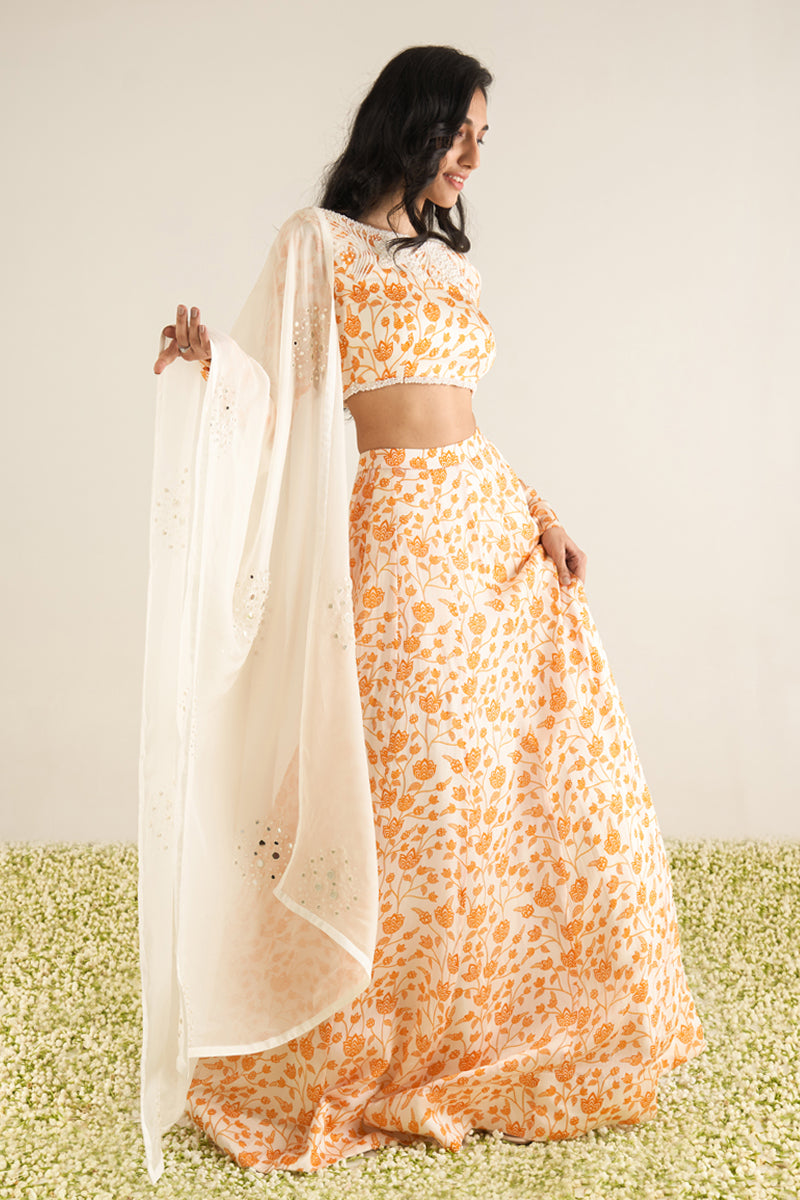 White & Orange Floral Lehenga