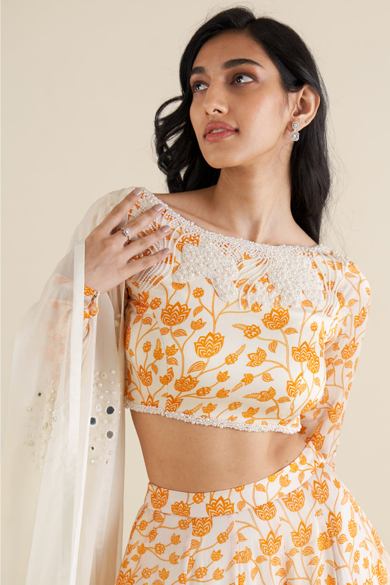 White & Orange Floral Lehenga