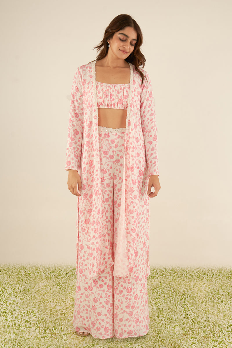 White & Pink Floral Cape Set