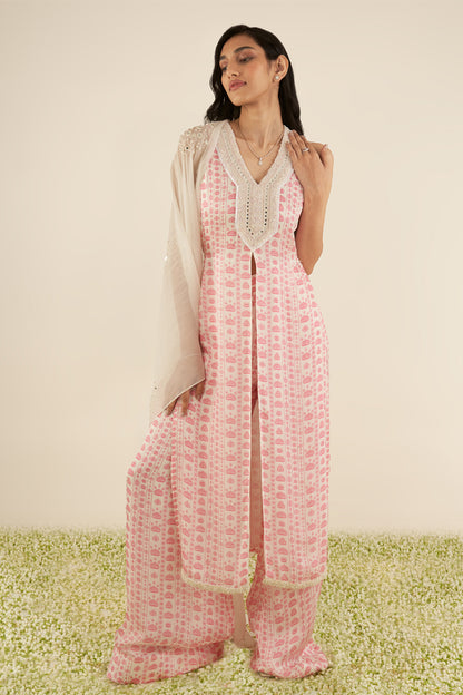 White & Pink Floral Stripes Kurta Set