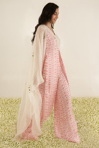 White & Pink Floral Stripes Kurta Set