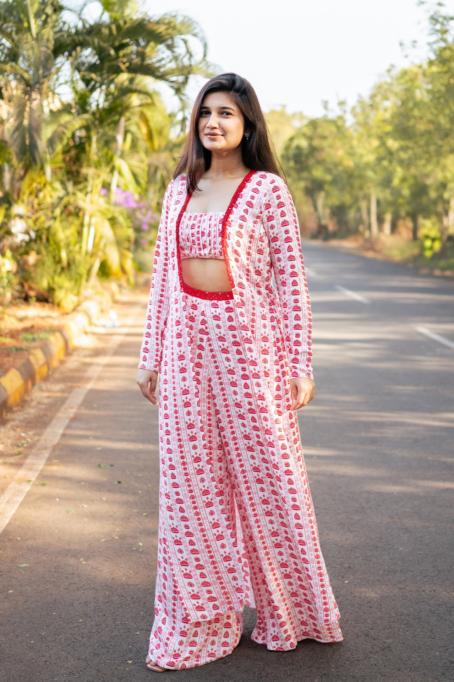 White, Red & Pink Floral Stripes Cape Set