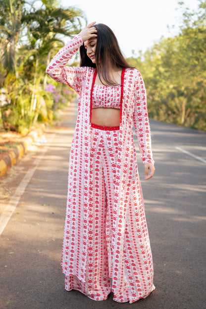 White, Red & Pink Floral Stripes Cape Set