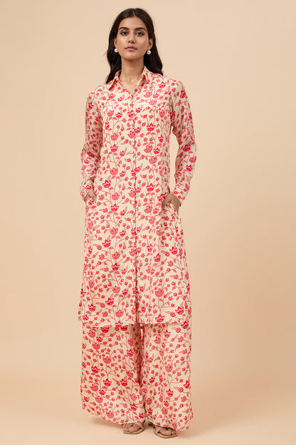 Cream & Red Floral Long Shirt Co-ord