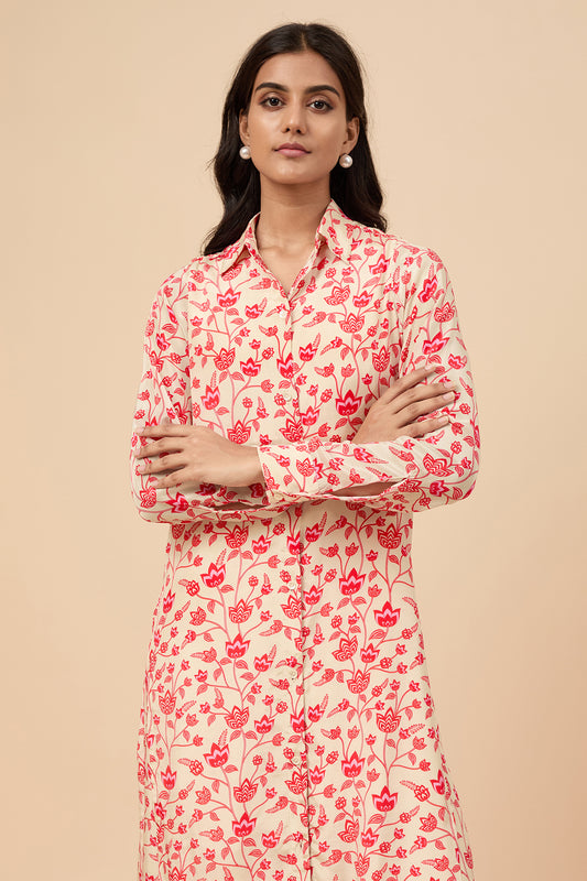 Cream & Red Floral Long Shirt Co-ord