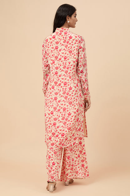 Cream & Red Floral Long Shirt Co-ord