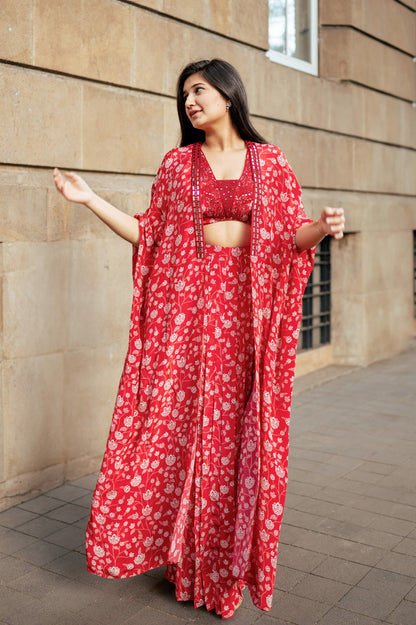 Red Floral Cape Set