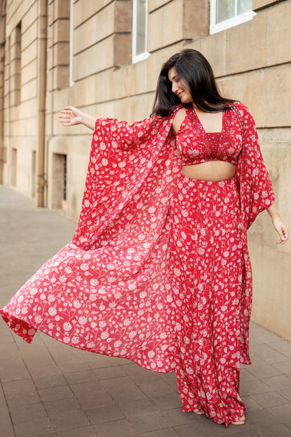 Red Floral Cape Set