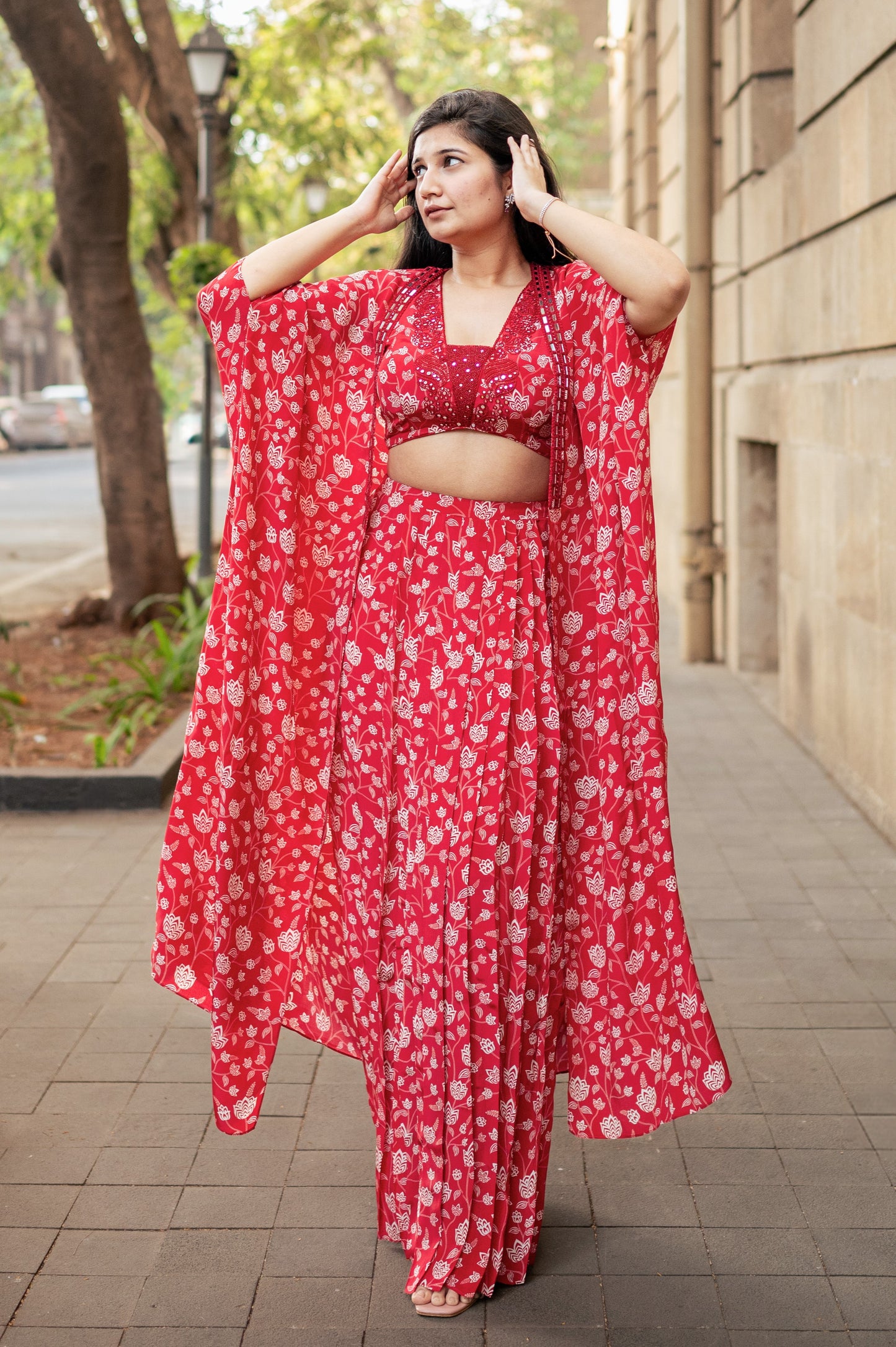 Red Floral Cape Set