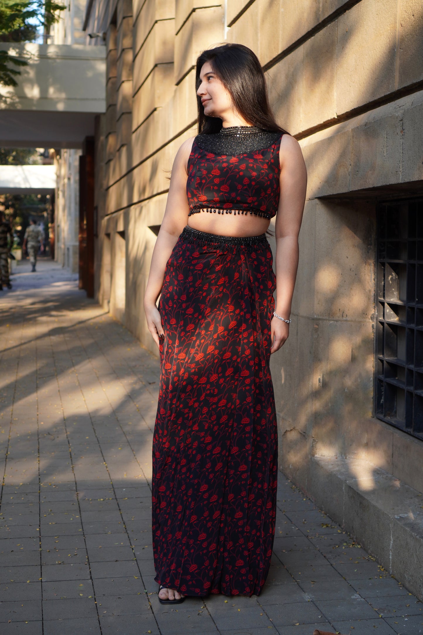 Black & Red Floral Skirt Set