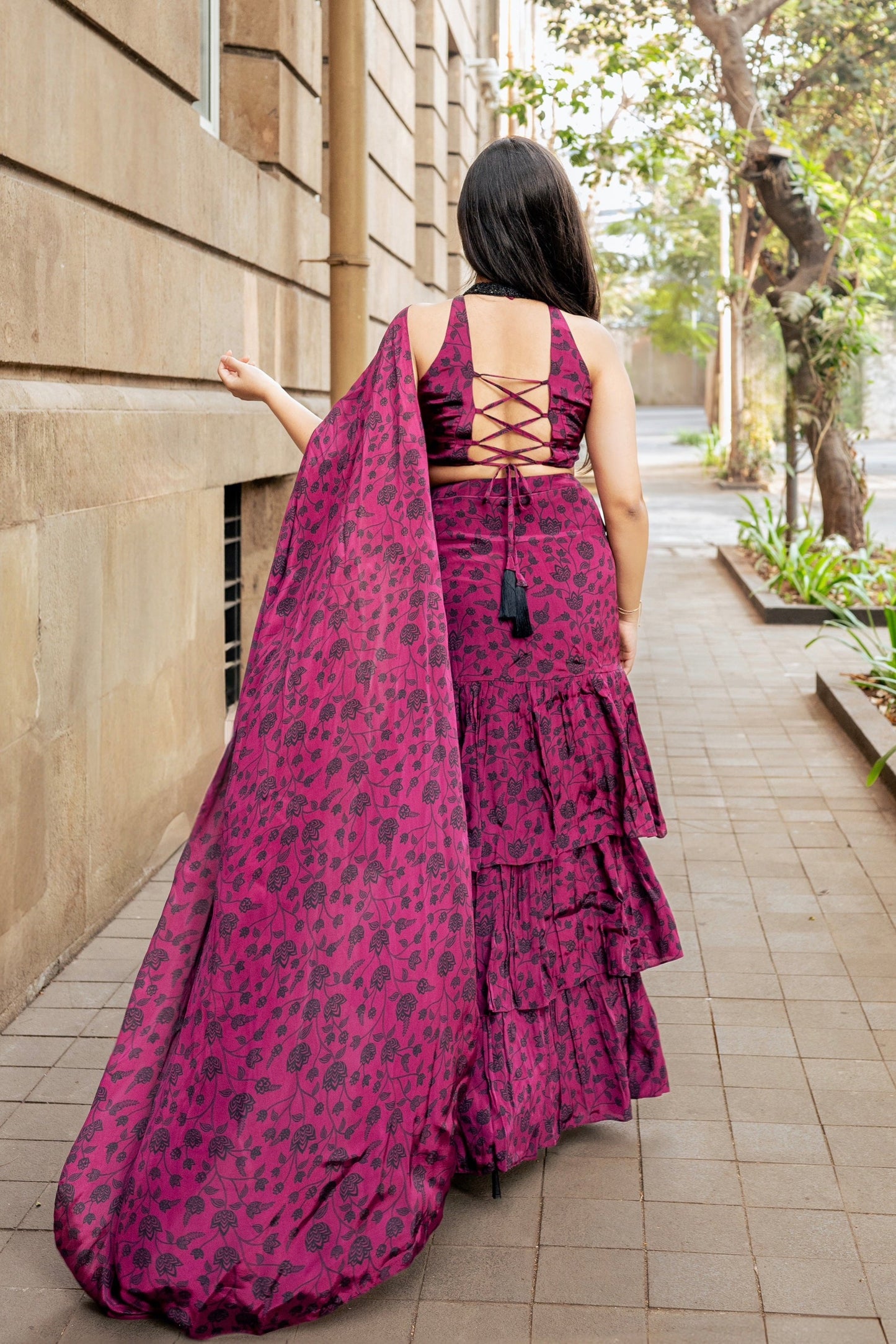 Wine Floral Ruffle Saree