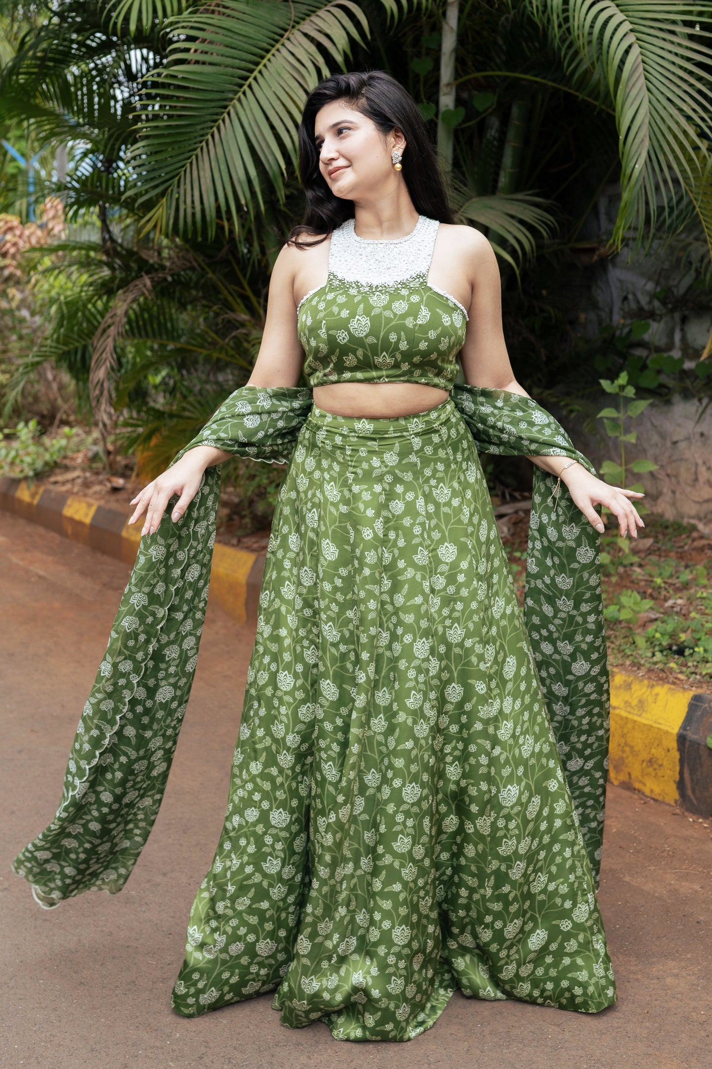 Olive Green Floral Lehenga