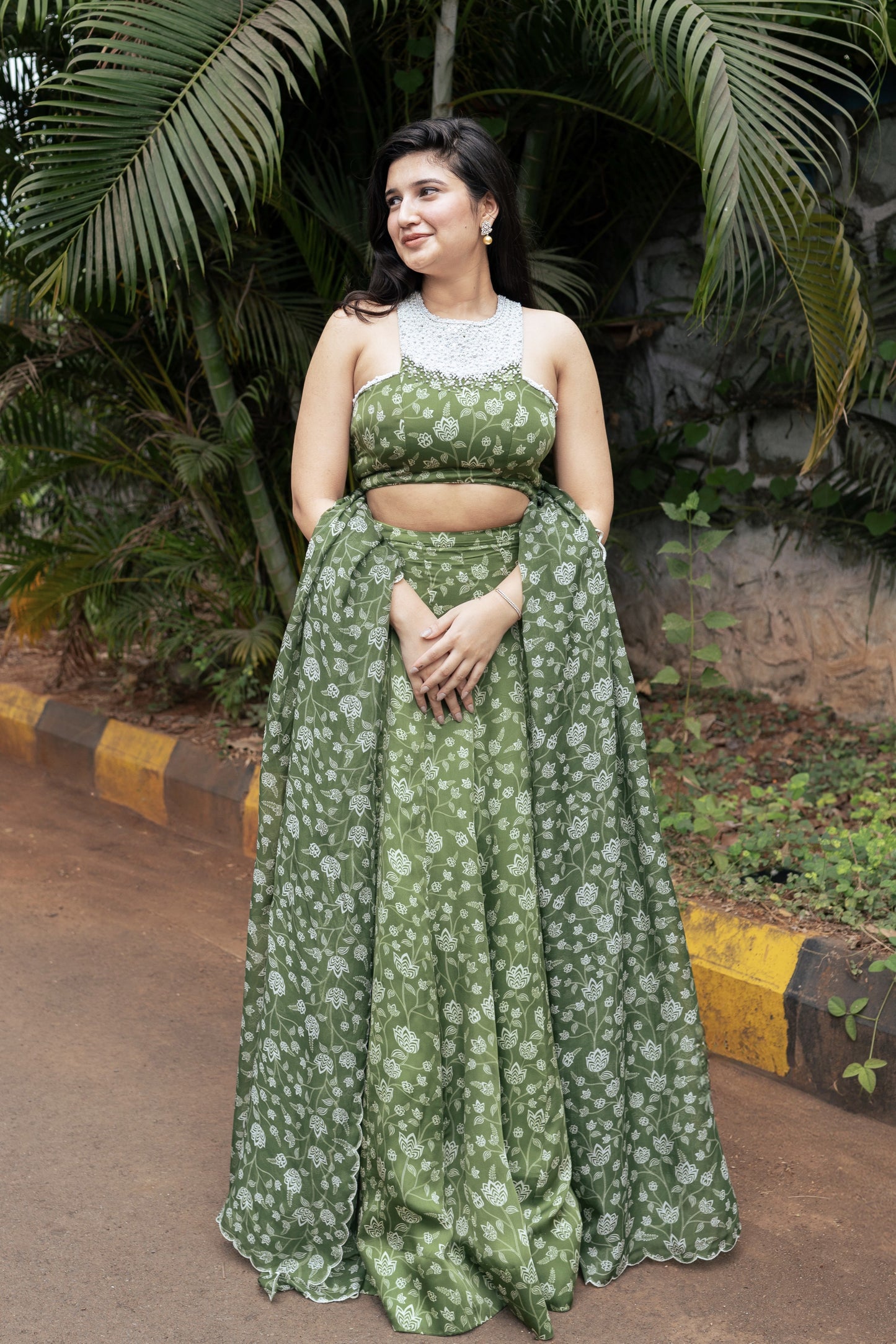 Olive Green Floral Lehenga