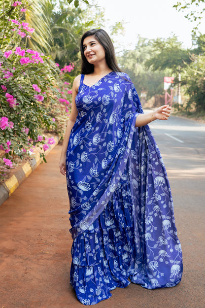 Violet Lotus Print Ruffle Saree