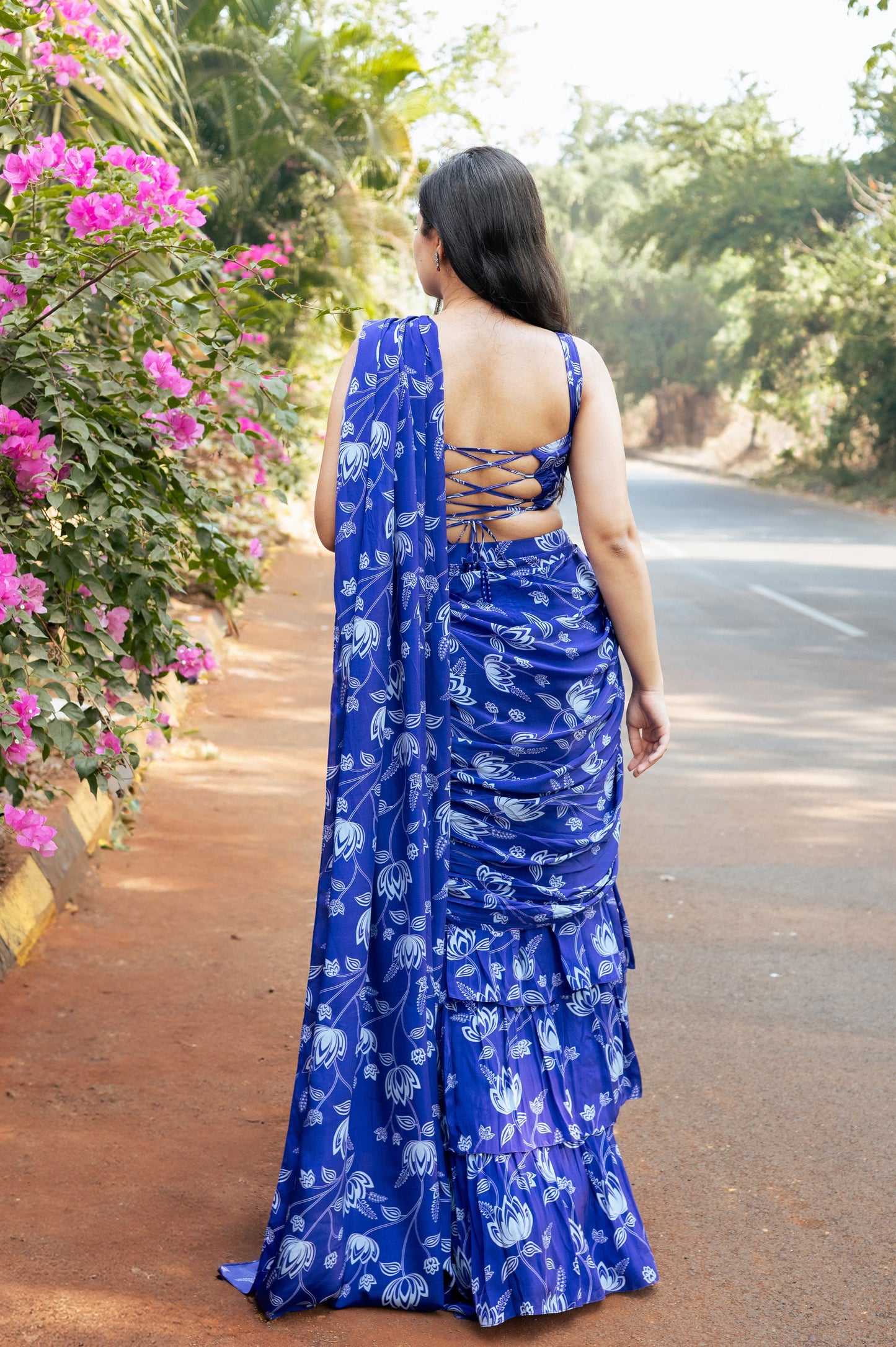 Violet Lotus Print Ruffle Saree