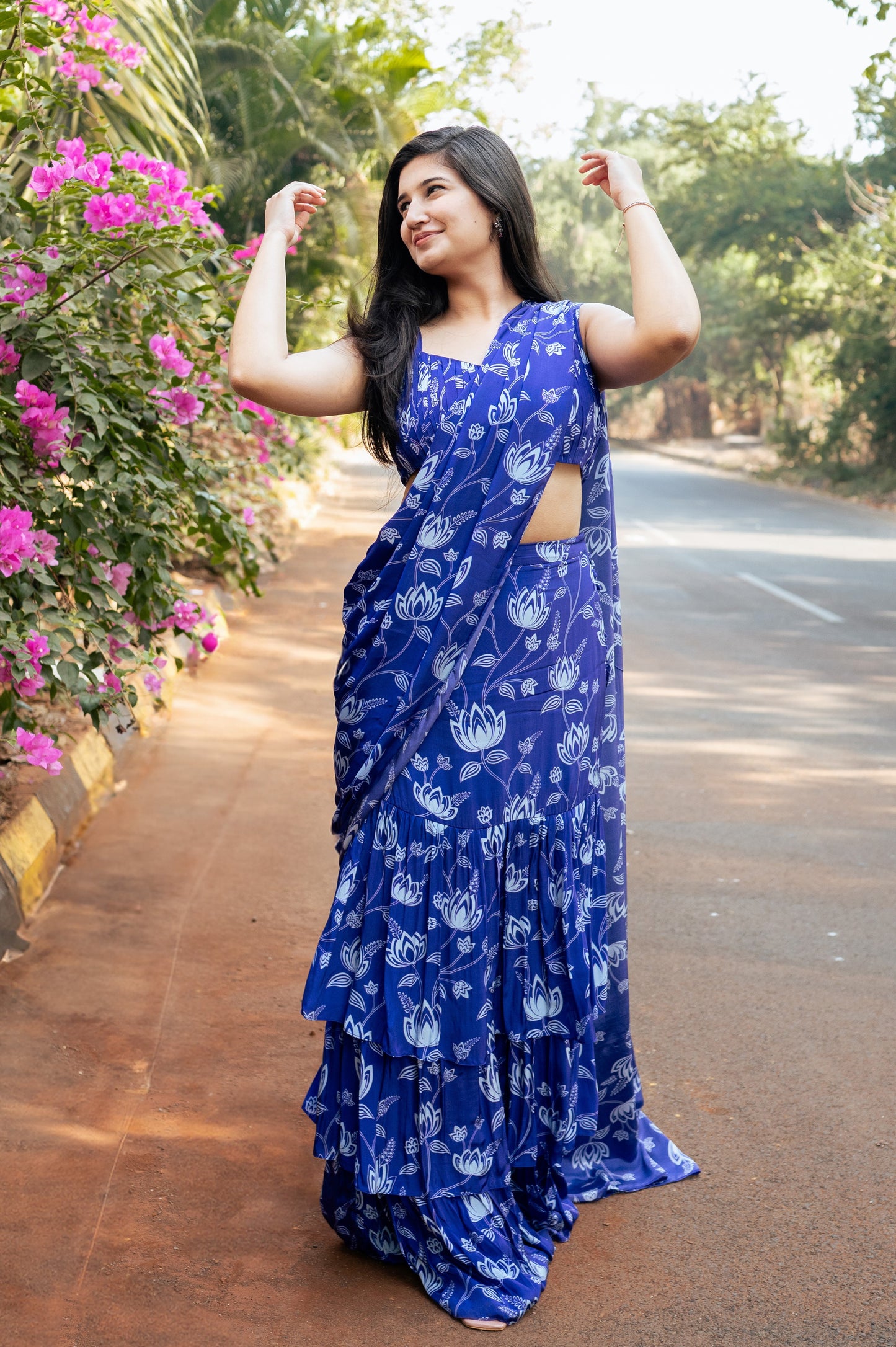 Violet Lotus Print Ruffle Saree