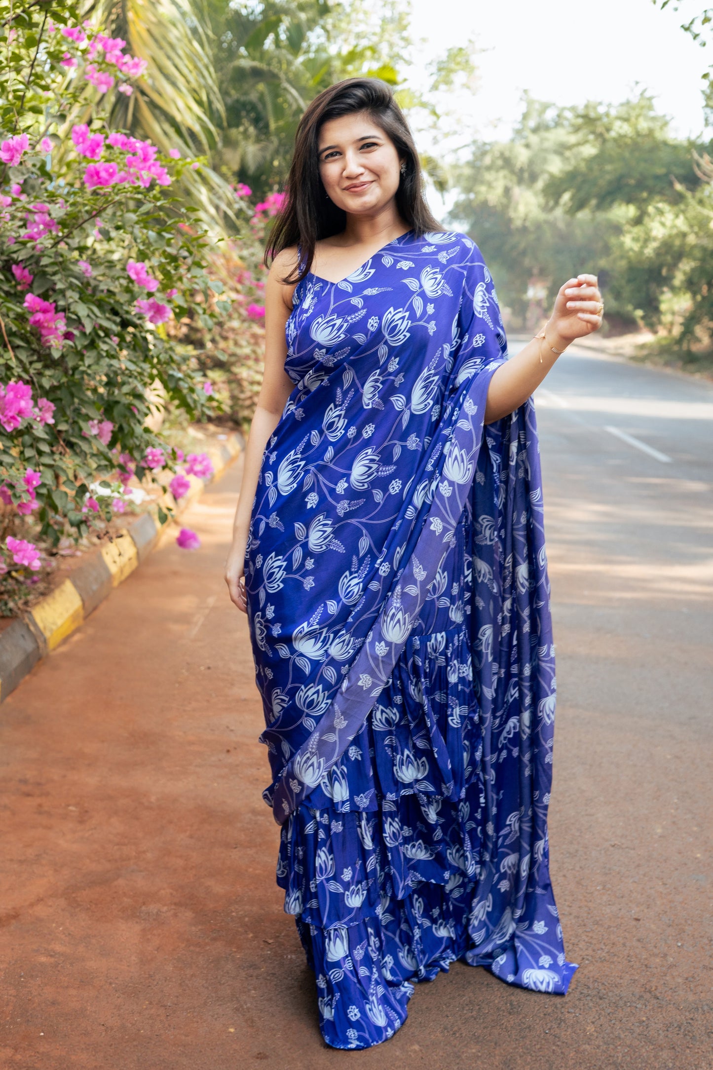 Violet Lotus Print Ruffle Saree