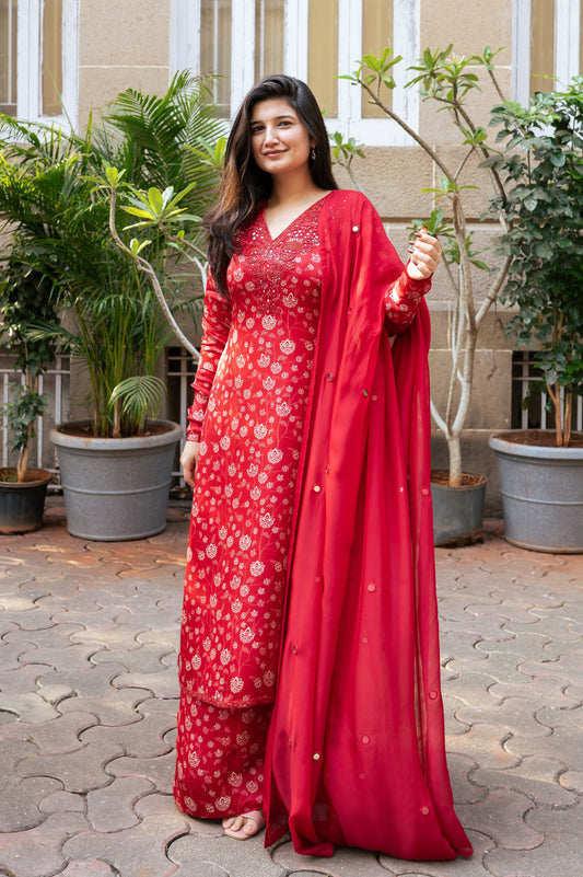 Red Floral Kurta Set