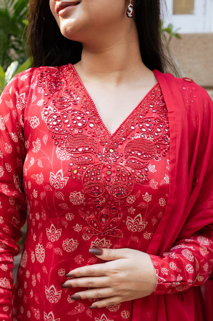 Red Floral Kurta Set