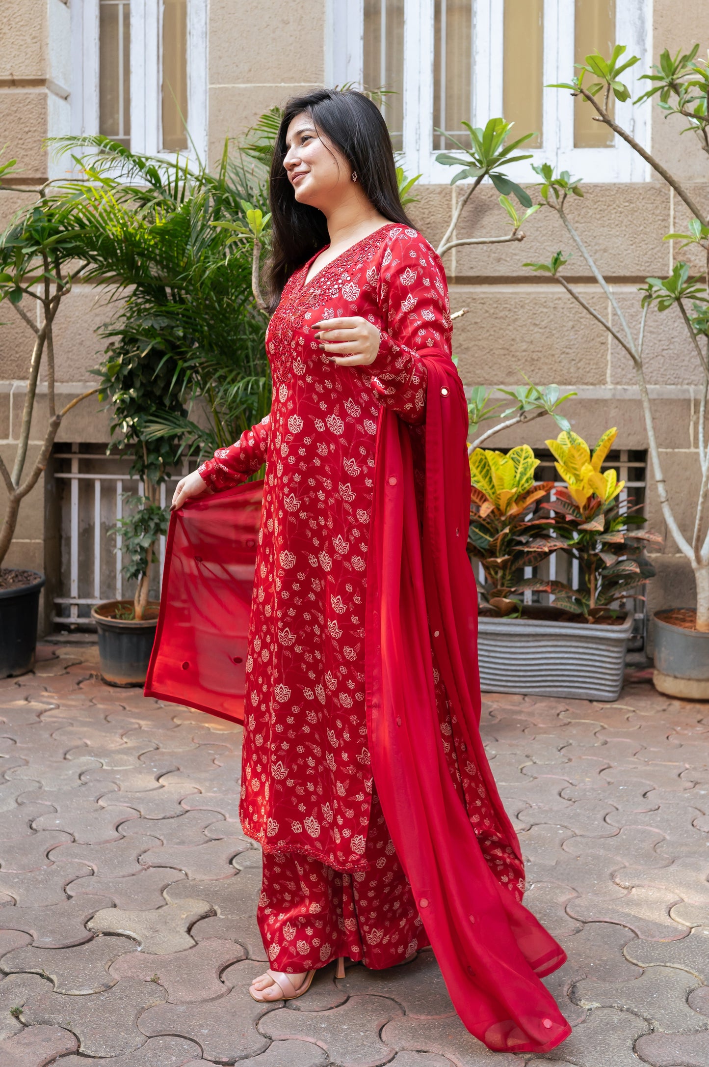 Red Floral Kurta Set