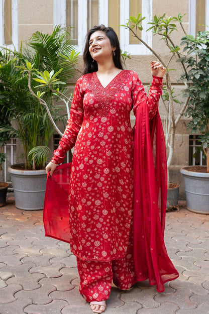 Red Floral Kurta Set