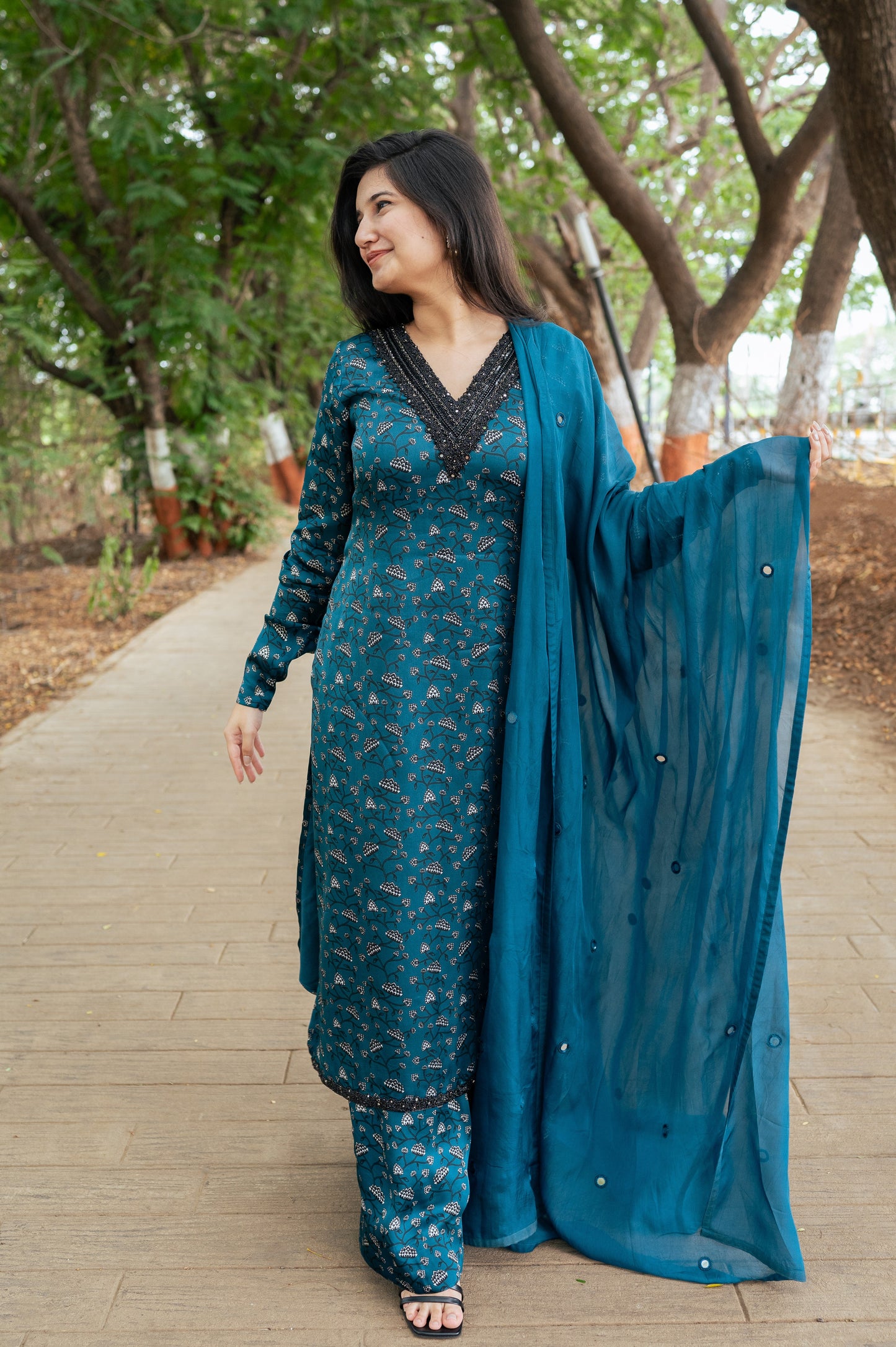 Teal Floral Kurta Set