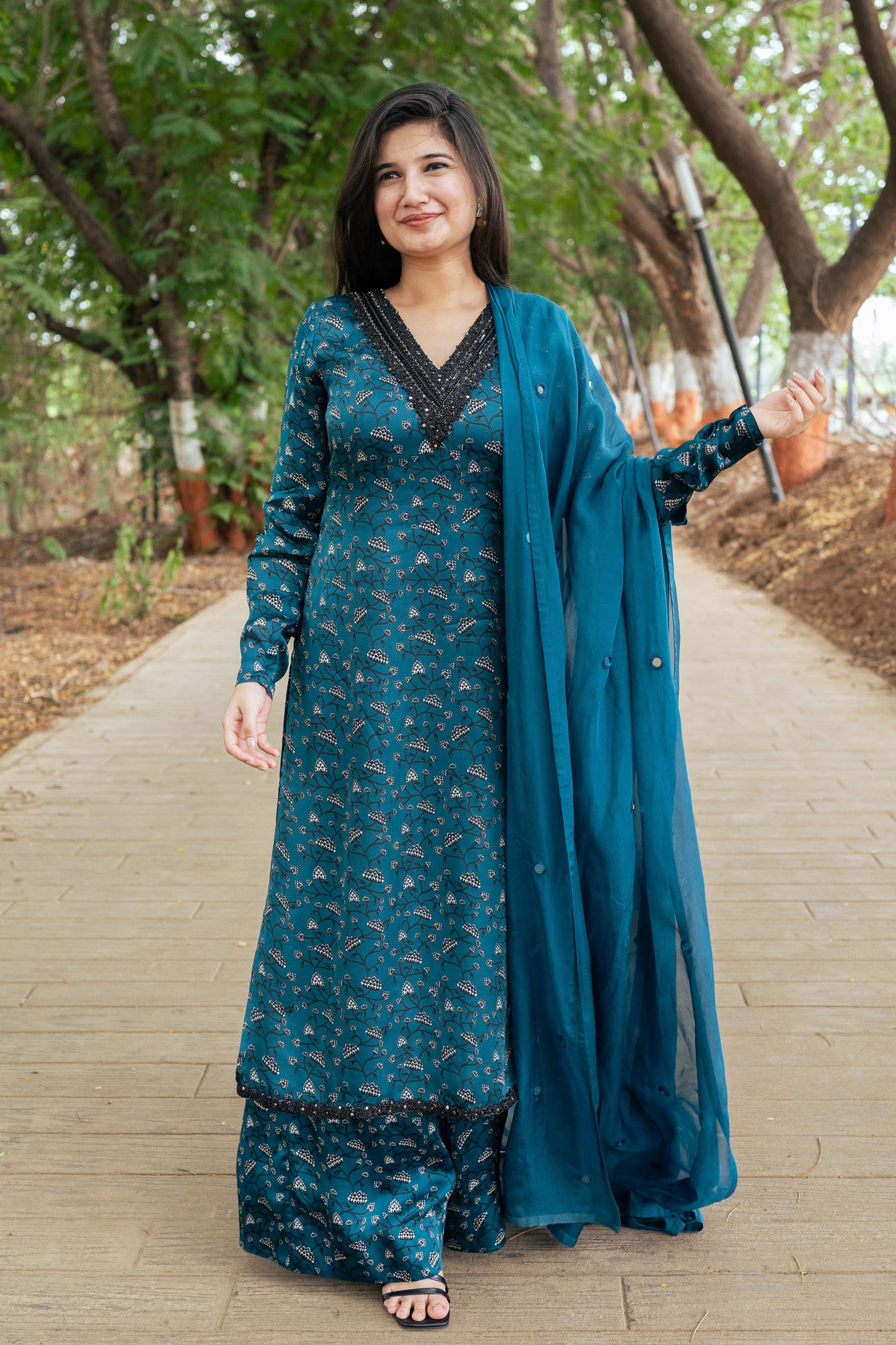 Teal Floral Kurta Set