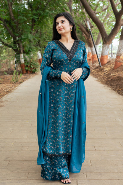 Teal Floral Kurta Set