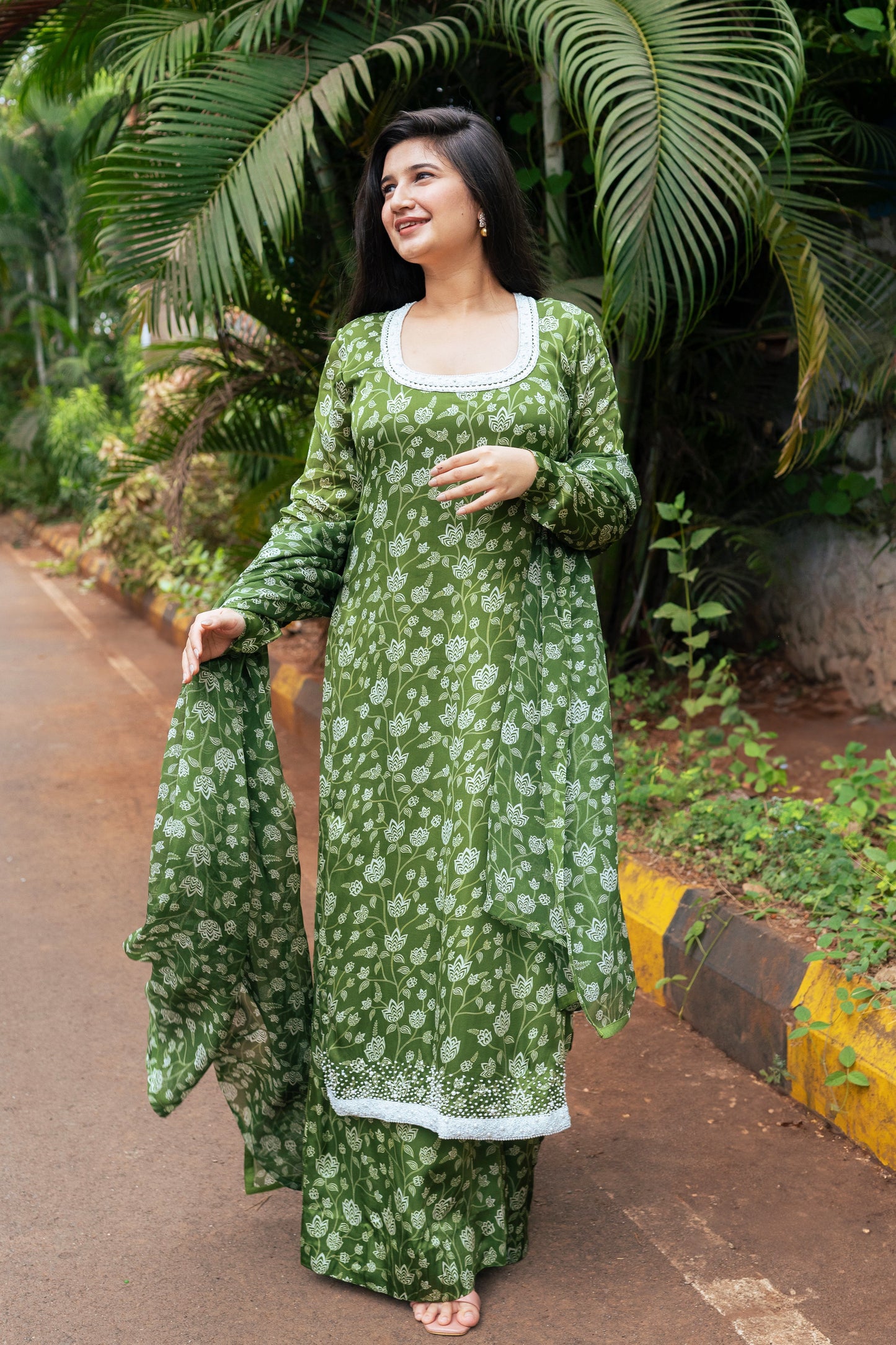 Olive Green Floral Kurta Set