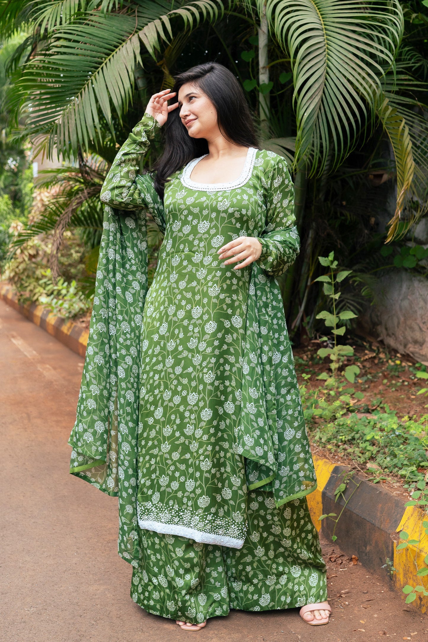 Olive Green Floral Kurta Set