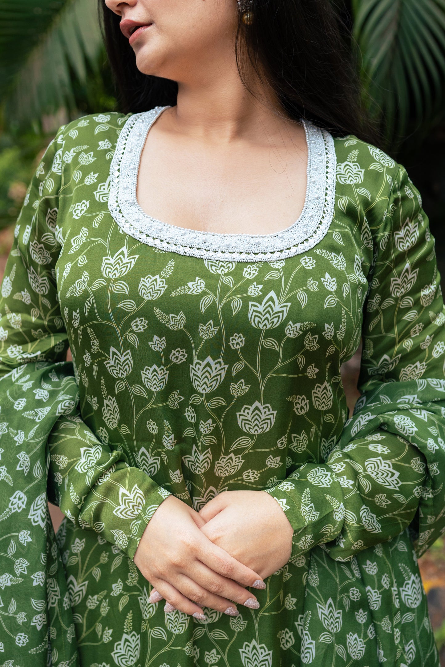 Olive Green Floral Kurta Set