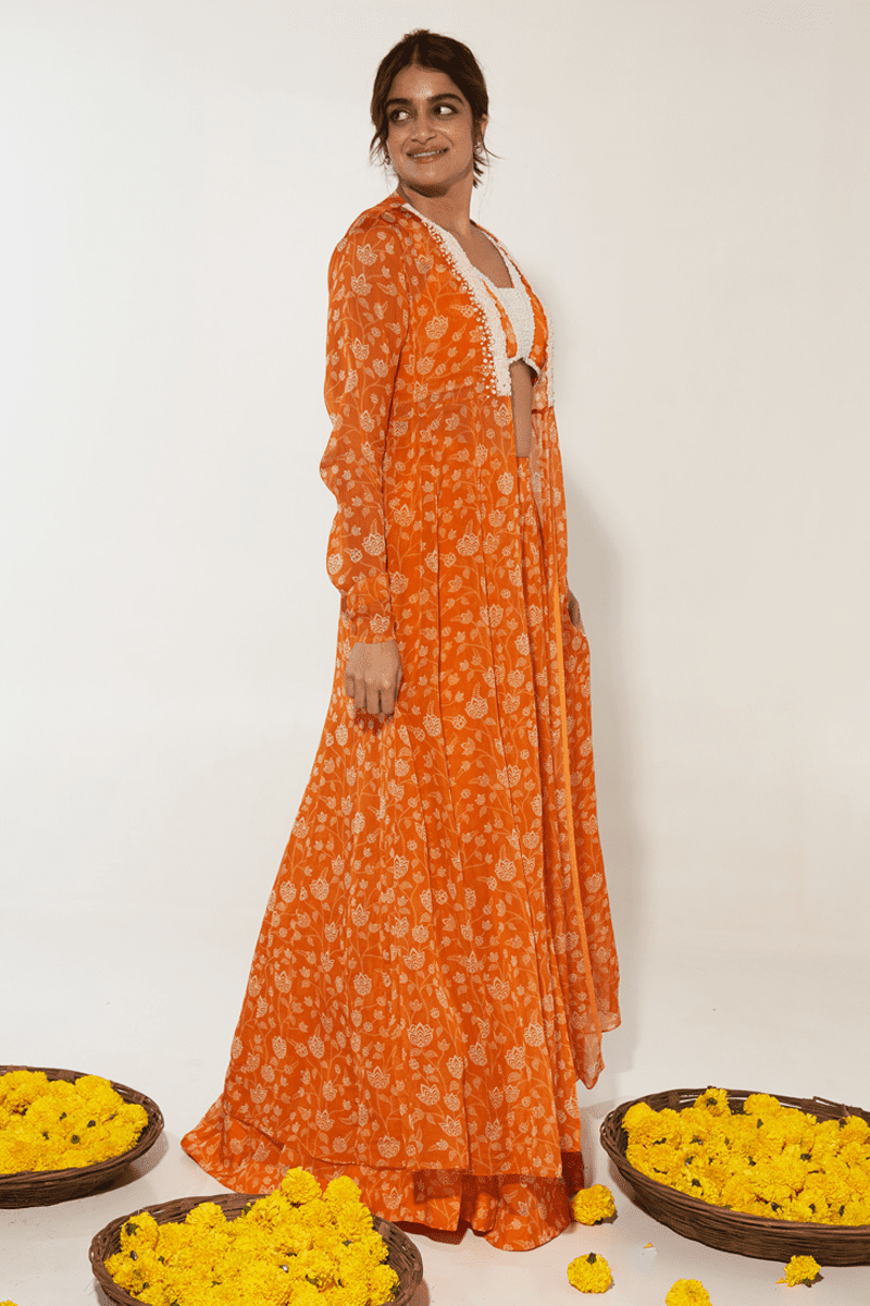 Orange Floral Lehenga