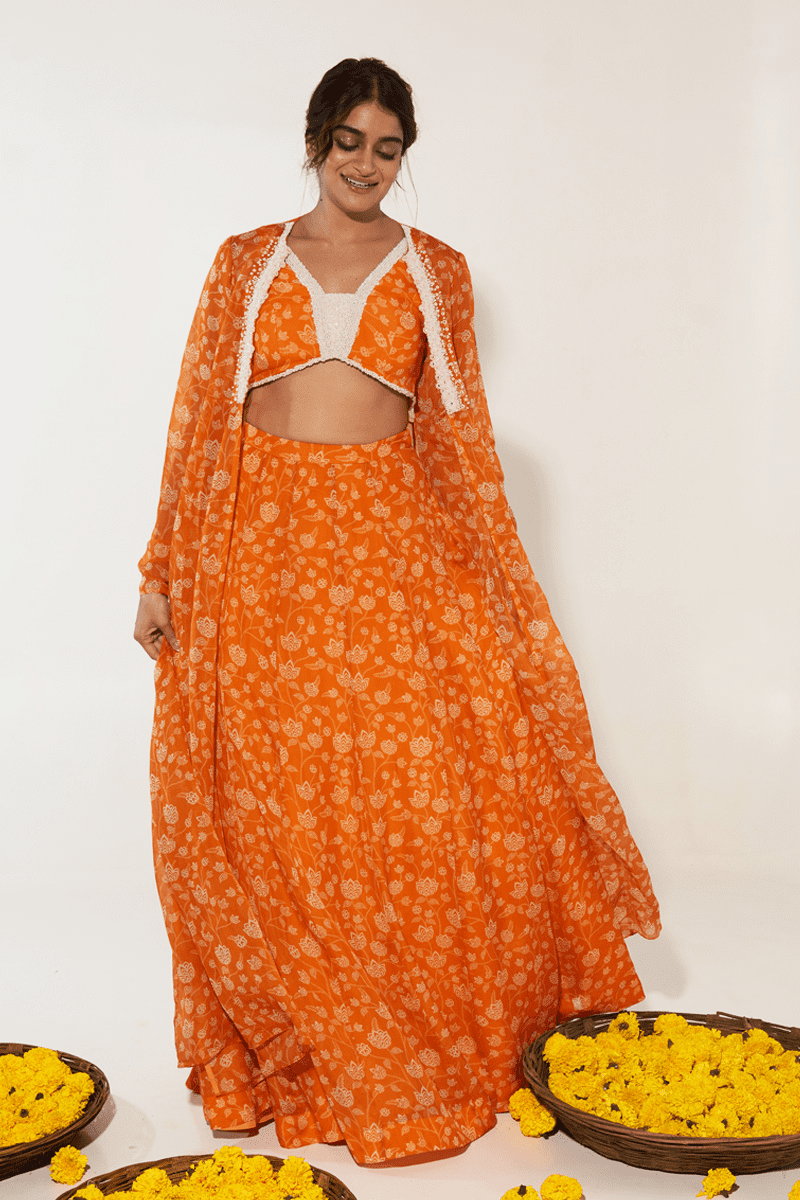 Orange Floral Lehenga