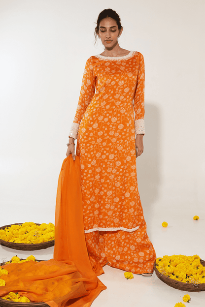 Orange & White Floral Kurta Set