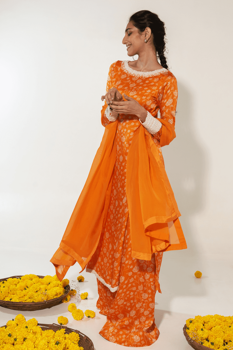 Orange & White Floral Kurta Set