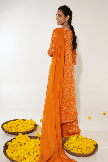 Orange & White Floral Kurta Set