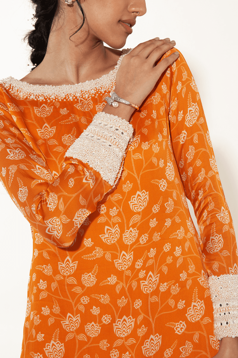 Orange & White Floral Kurta Set