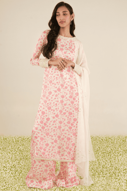 White & Pink Floral Kurta Set