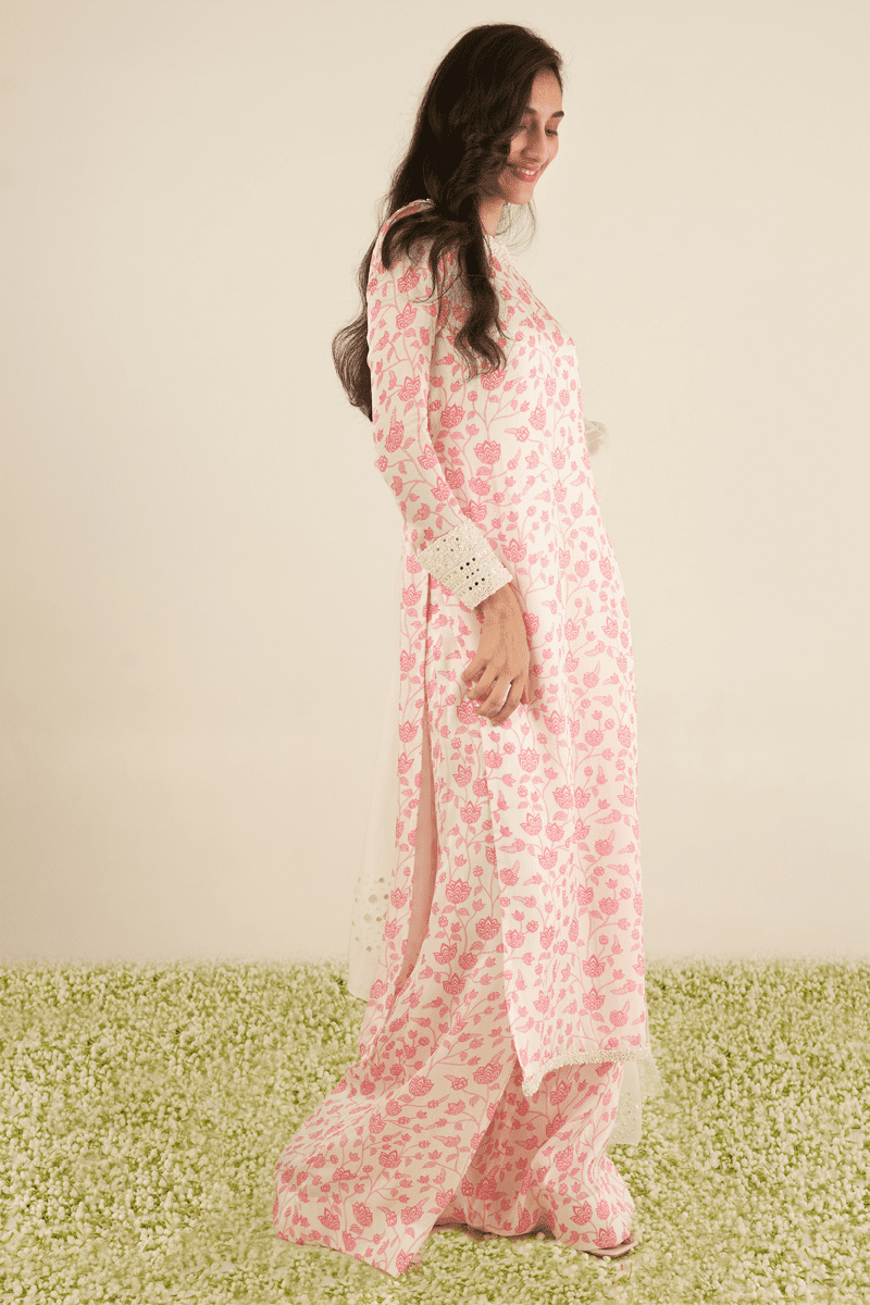 White & Pink Floral Kurta Set