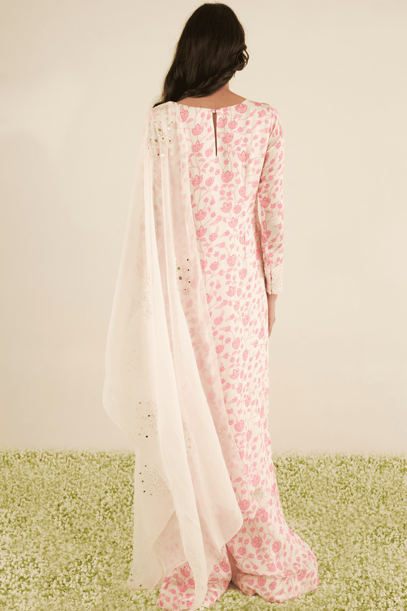 White & Pink Floral Kurta Set